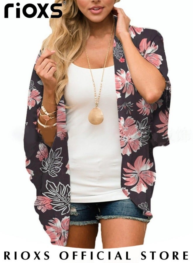 RIOXS Womens Beach Cover ups Floral Print Kimono Casual Cardigans Beach Dress Swimsuit Cover ups  - Image 2