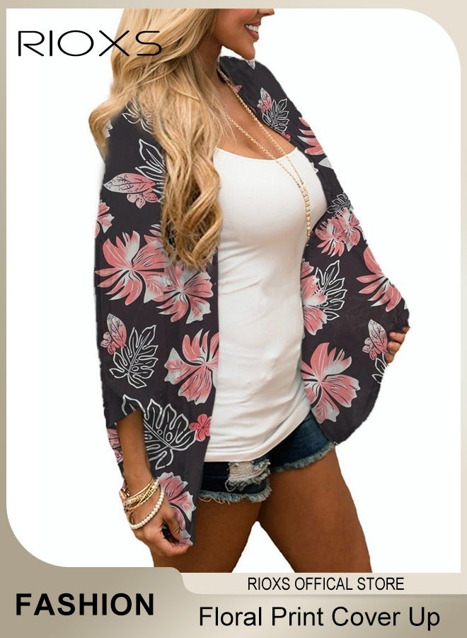 RIOXS Womens Beach Cover ups Floral Print Kimono Casual Cardigans Beach Dress Swimsuit Cover ups  - Image 1