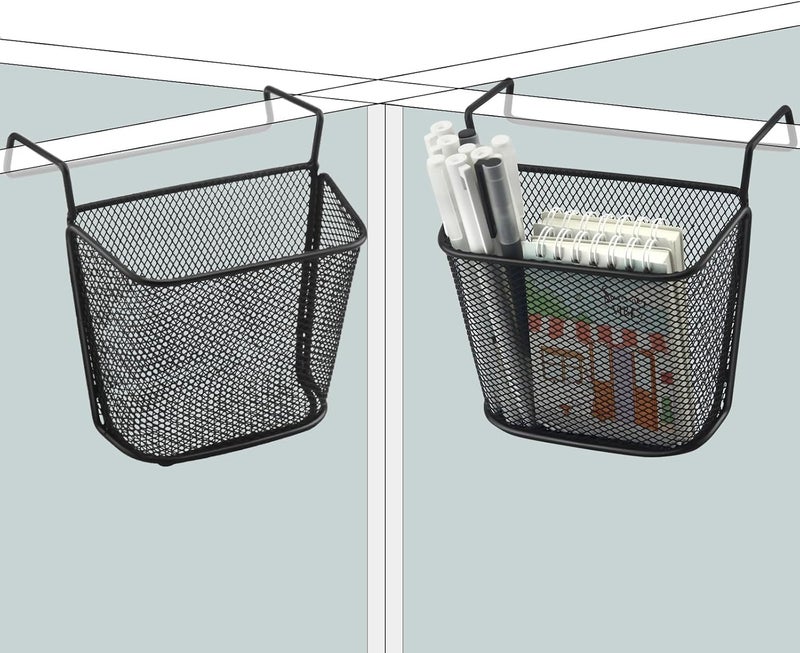 Cubicle Hanging Basket - Small Metal Mesh Shelf Storage Organizer, 2PCS, Black - Image 1
