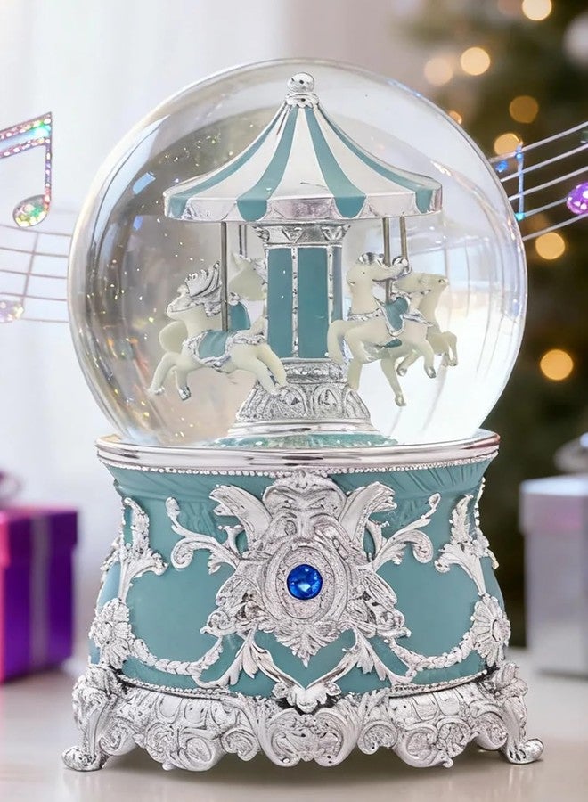 DGSCAK Reindeer Carousel Snow Globe Music Box - Wind Up Musical Christmas Valentines Day Ornament with Silver Blue Design, Romantic Indoor Christmas Decorations, Festive Gift for Couples, Kids & Adults - Image 1