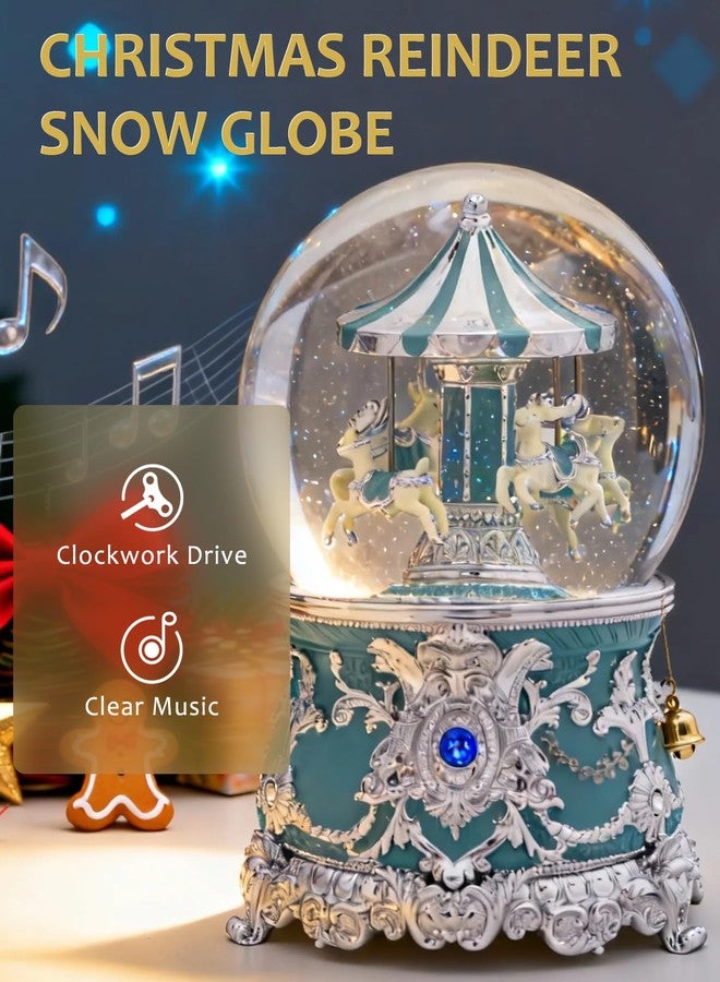 DGSCAK Reindeer Carousel Snow Globe Music Box - Wind Up Musical Christmas Valentines Day Ornament with Silver Blue Design, Romantic Indoor Christmas Decorations, Festive Gift for Couples, Kids & Adults - Image 2