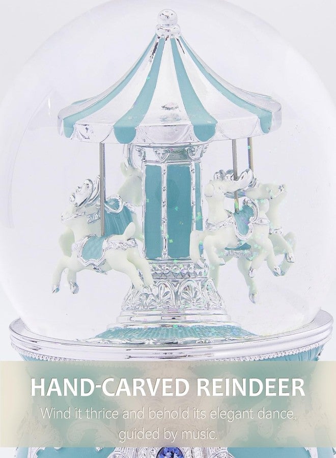 DGSCAK Reindeer Carousel Snow Globe Music Box - Wind Up Musical Christmas Valentines Day Ornament with Silver Blue Design, Romantic Indoor Christmas Decorations, Festive Gift for Couples, Kids & Adults - Image 3