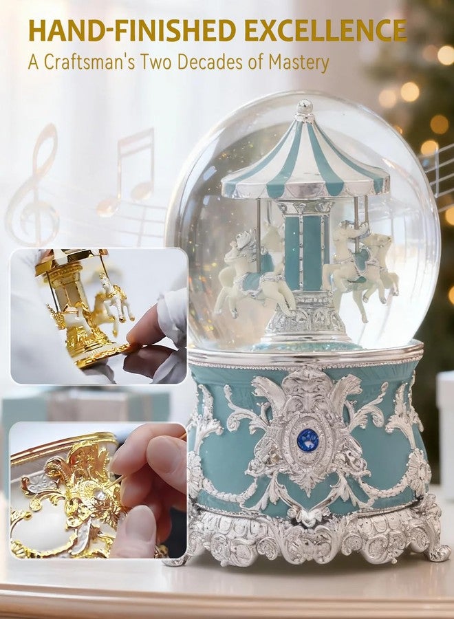 DGSCAK Reindeer Carousel Snow Globe Music Box - Wind Up Musical Christmas Valentines Day Ornament with Silver Blue Design, Romantic Indoor Christmas Decorations, Festive Gift for Couples, Kids & Adults - Image 4