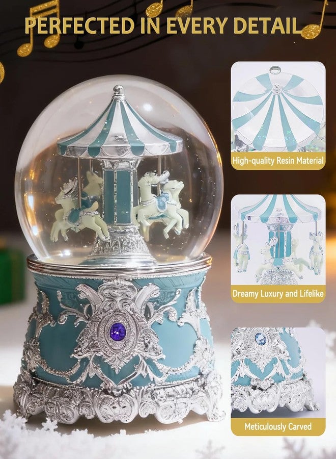 DGSCAK Reindeer Carousel Snow Globe Music Box - Wind Up Musical Christmas Valentines Day Ornament with Silver Blue Design, Romantic Indoor Christmas Decorations, Festive Gift for Couples, Kids & Adults - Image 5
