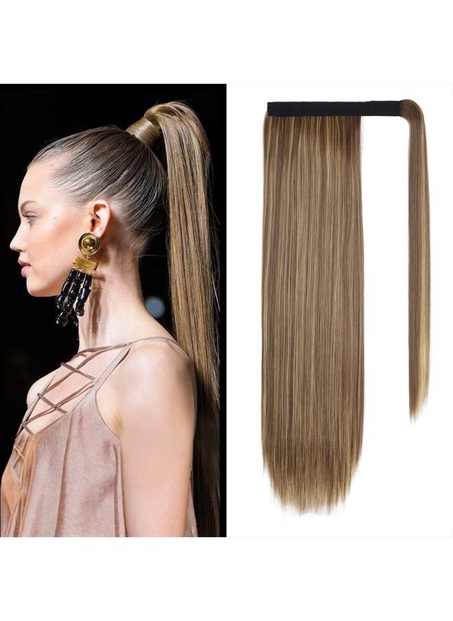 SEIKEA Clip in Ponytail Extension Wrap Around Long Straight Ponytail Natural Soft Synthetic Hairpiece for Women 28 Inch- Brown Ash Blonde Mix  - Image 1