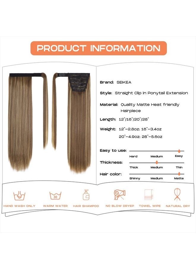 SEIKEA Clip in Ponytail Extension Wrap Around Long Straight Ponytail Natural Soft Synthetic Hairpiece for Women 28 Inch- Brown Ash Blonde Mix  - Image 3