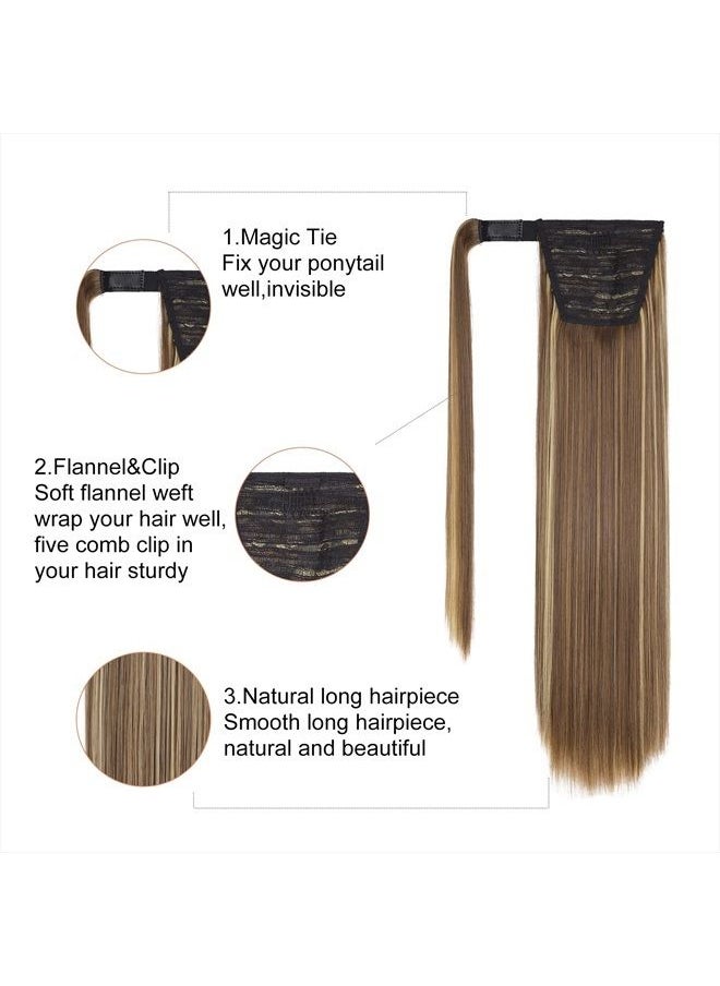 SEIKEA Clip in Ponytail Extension Wrap Around Long Straight Ponytail Natural Soft Synthetic Hairpiece for Women 28 Inch- Brown Ash Blonde Mix  - Image 4