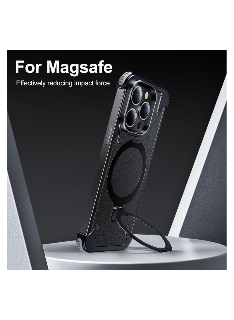 SOLARAE For iPhone 15 Promax Leather Case with Magsafe Kickstand, Bezel Less Metal Slim Hard Ultra Thin for iPhone 15 Pro Max Case with Ring Holder Magnetic Invisible Stand for Men, Black - Image 3