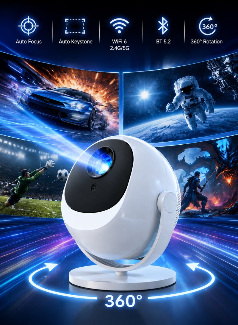 TANMASHI 360° Smart Projector 4K Full HD WiFi Bluetooth, Auto Focus Mini Projector with 180° Rotating Gimbal, WiFi 6 Portable Projector for Ceiling Movies, 4K Projector Home Theater Support - Image 1