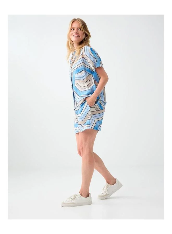 Jimmy Key Blue Waist Elastic Geometric Patterned Woven Shorts.