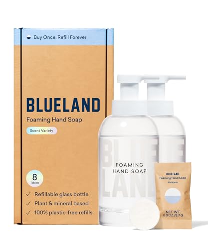 BLUELAND Hand Soap Duo, 2 Refillable Glass Foaming Hand Soap Dispensers with 8 Refill Tablets, Variety Scents, 8 x 9 Fl oz - Image 1