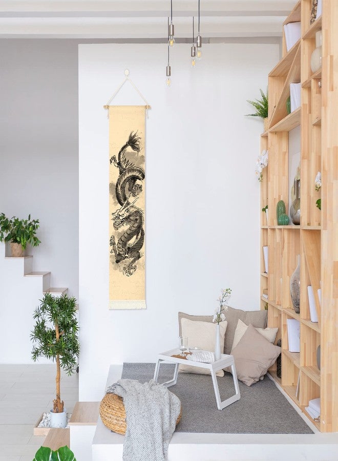 CosplayStudio Hanging Poster Canvas Wall Art Painting of Chinese Dragon Tapestry Ink And Watercolor | Mythology Effect Wall Tapestry With 2 Tassels And Wooden Hanging Rod Wall Tapestry Decoration For Traditional - Image 5