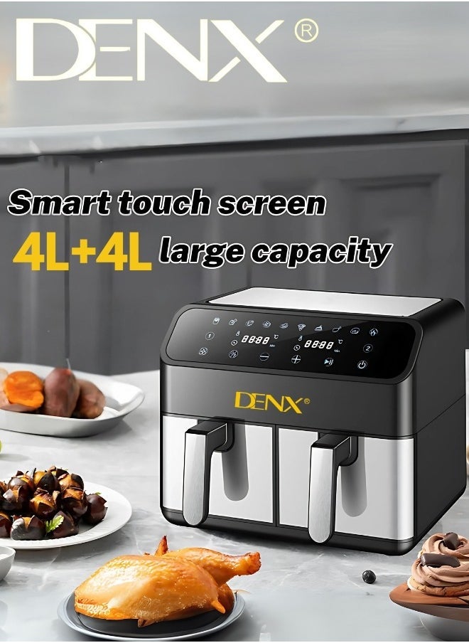 Denx Dual Basket Air Fryer - Versatile Stainless Steel Double Air Fryer, 4L + 4L Capacity, Two Independent Cooking Zones, Touch Control Panel, Smart Temperature Control, Automatic Electric Fryer For Grilling, Baking, And Roasting - Image 3