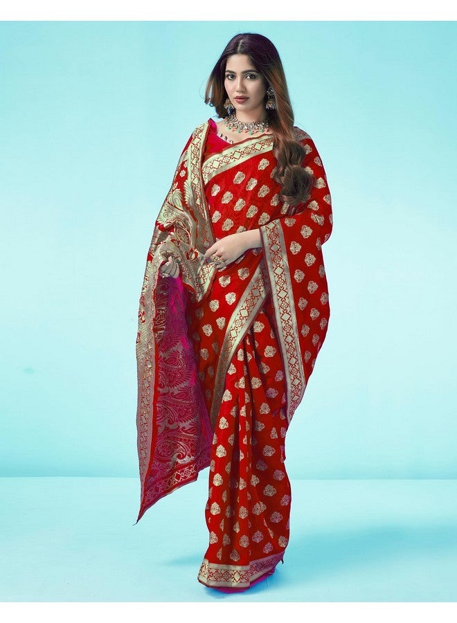 SIRIL ساري سيريلي للنساء من حرير باناراسي ساري حرير نقي كانجيفارام مع قطعة بلوز غير مخيطة (3409S105_أحمر) - Image 5