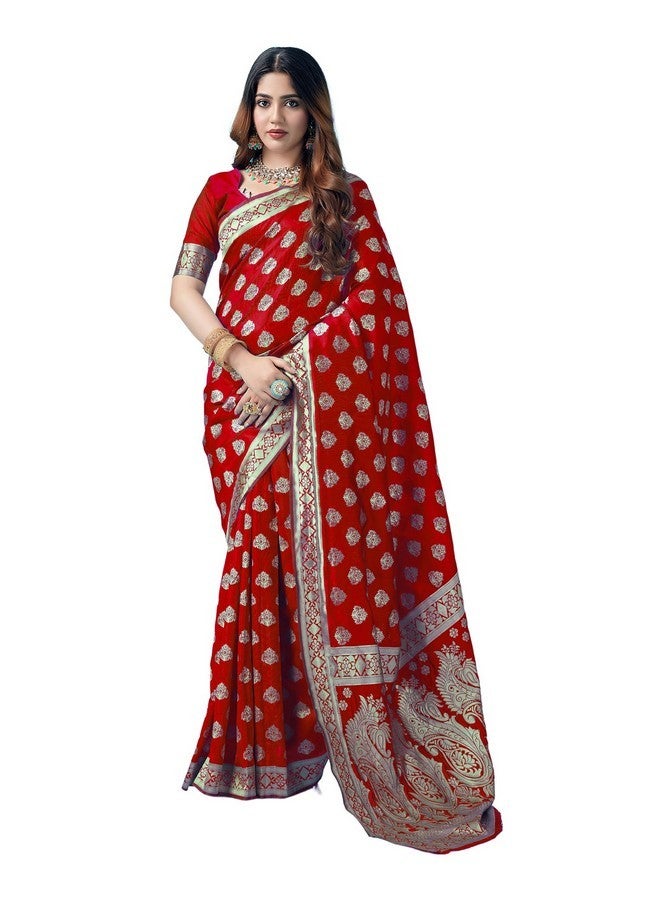 SIRIL ساري سيريلي للنساء من حرير باناراسي ساري حرير نقي كانجيفارام مع قطعة بلوز غير مخيطة (3409S105_أحمر) - Image 1