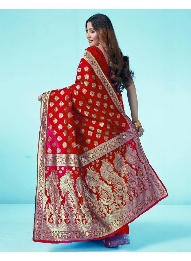 SIRIL ساري سيريلي للنساء من حرير باناراسي ساري حرير نقي كانجيفارام مع قطعة بلوز غير مخيطة (3409S105_أحمر) - Image 3