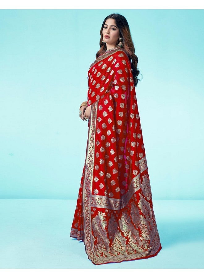 SIRIL ساري سيريلي للنساء من حرير باناراسي ساري حرير نقي كانجيفارام مع قطعة بلوز غير مخيطة (3409S105_أحمر) - Image 2