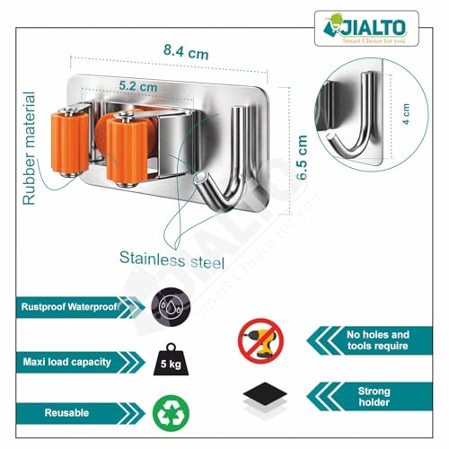JIALTO 2 PCS Broom Holder Wall Mounted and Mop Holder for Wall Steel/Broom Stick Holder Wall Mounted for Home No Drilling | Self Adhesive Mop for Without Drilling - Orange - Image 2