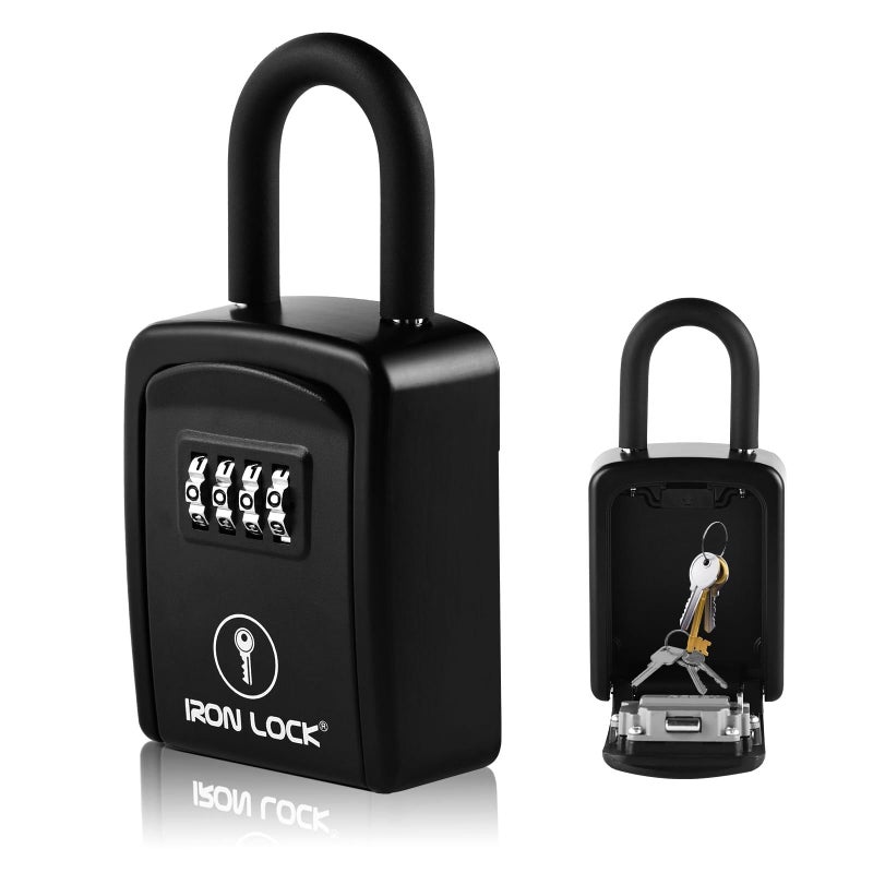 Iron Lock Key Lock Box Portable with UShackle Small Waterproof HeavyDuty Metal Safe with 4Digit Combination for Spare Keys Outside on Door Knob Fence or Gate Black Small - Image 2