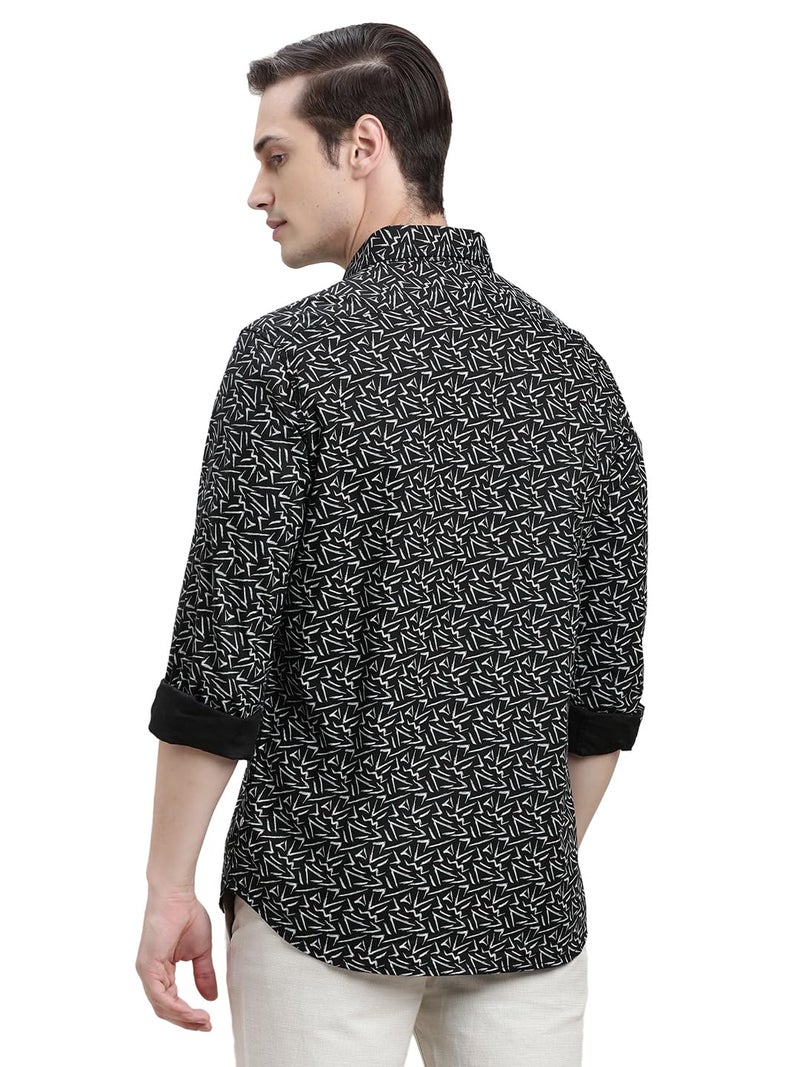 Turtle Men Black Printed Full Sleeve Slim Fit Cotton Tencel Casual Shirt - Image 3