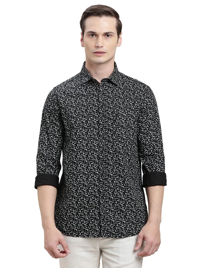 Turtle Men Black Printed Full Sleeve Slim Fit Cotton Tencel Casual Shirt - Image 2