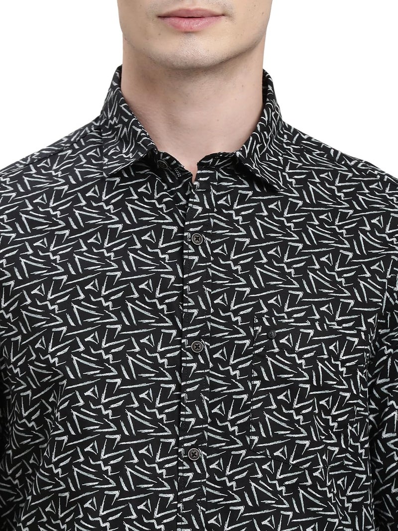 Turtle Men Black Printed Full Sleeve Slim Fit Cotton Tencel Casual Shirt - Image 5