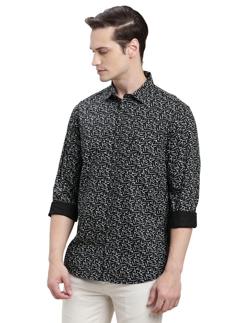 Turtle Men Black Printed Full Sleeve Slim Fit Cotton Tencel Casual Shirt - Image 1