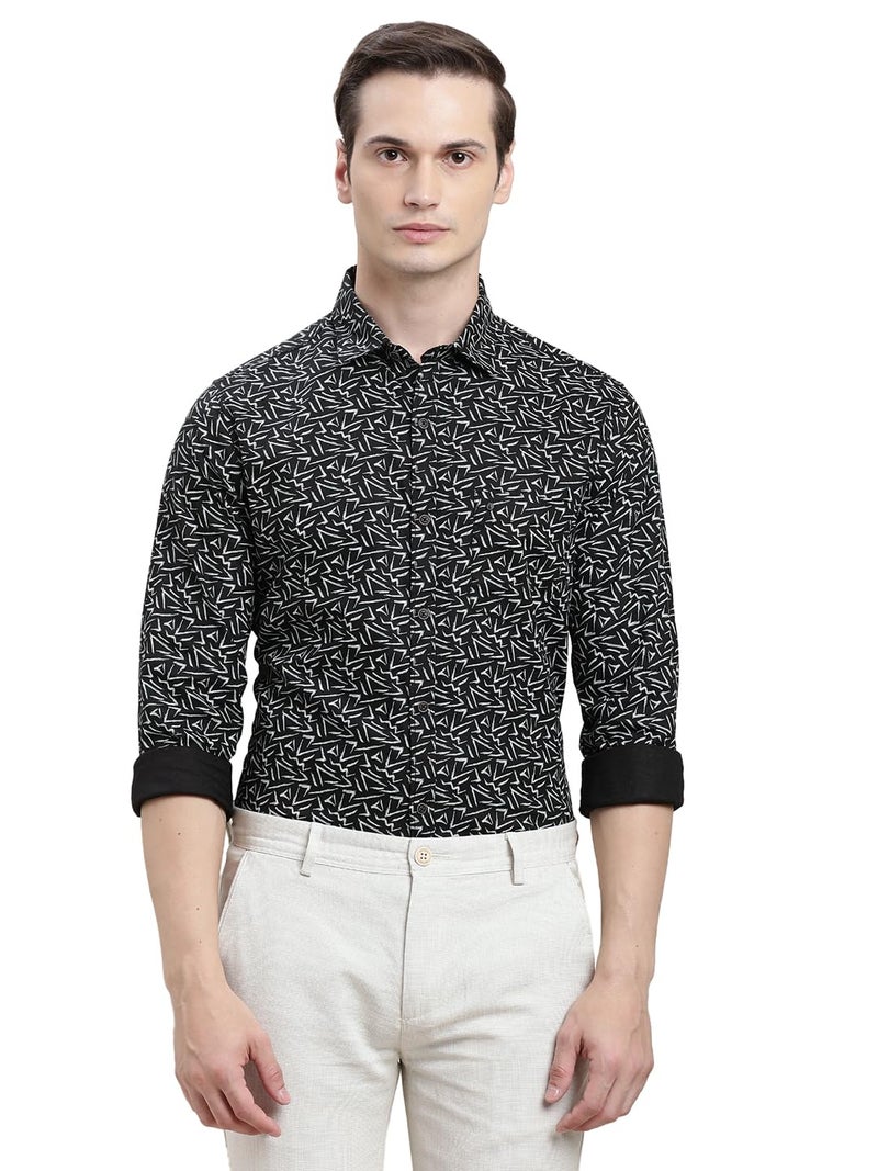 Turtle Men Black Printed Full Sleeve Slim Fit Cotton Tencel Casual Shirt - Image 4