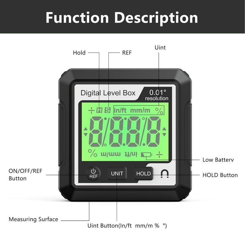 Digital Inclinometer, Magnetic Angle Gauge Box for Woodworking, Auto Repair with Magnet Digital Protractor Inclinometer, Electronic (Black White) - Image 5