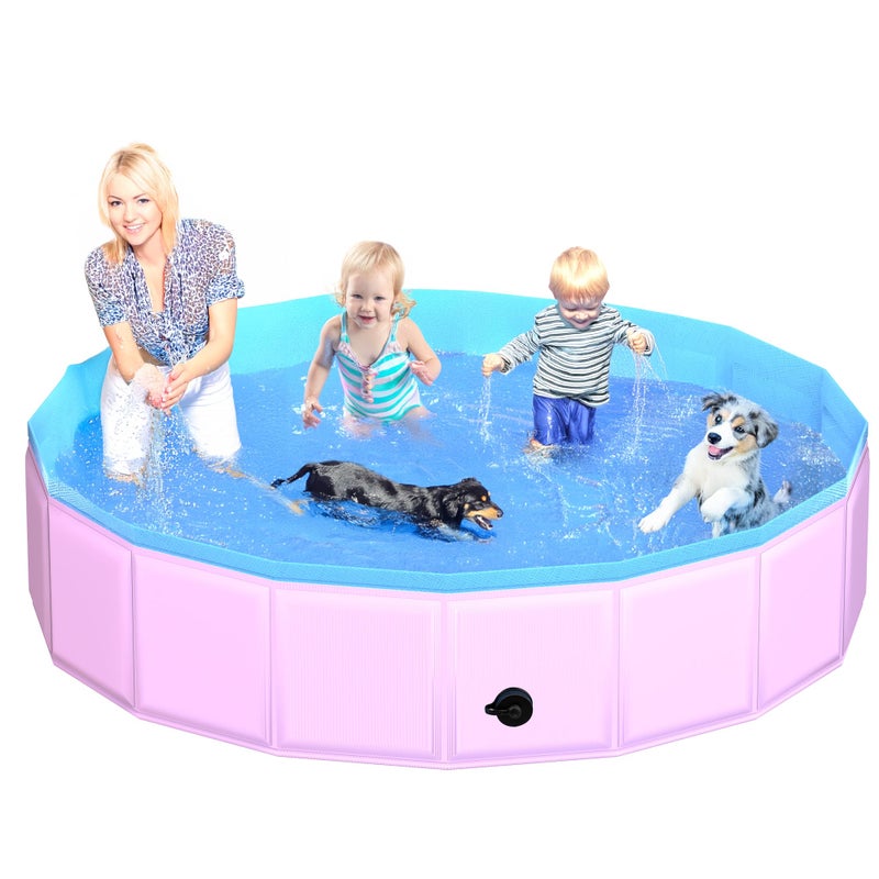 CACSPS 2025 Updated Foldable Dog Pool, 87" x 12" Kiddie Pool with Hard Plastic, Non-Slip Dog Bath Tub for Outdoor Backyard, Collapsible Dog Swimming Pool for Kids Dogs Pets (Pink) - Image 1