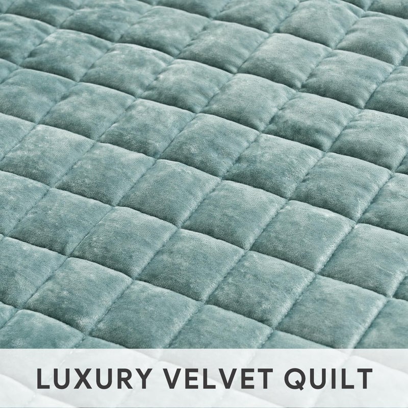 RECYCO Luxury Velvet Quilt Set Twin/Twin XL Size, Lightweight Velvet Comforter Set, Oversized Bedspread Coverlet Quilted Bedding Set, with 1 Matching Pillow Sham, for All Season, Aqua Green - Image 4
