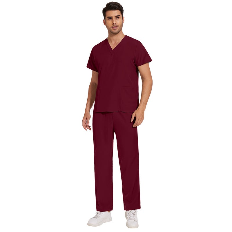 Unisex V-Neck Basic Solid Color Quick-Dry Fabric Thin Dental Clinic Workwear Scrubs Surgical Gown - Wine Red