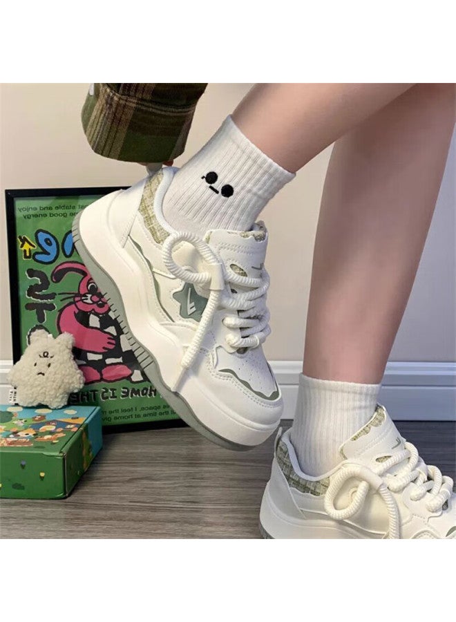 Pull Back Huili Women's Shoes, Summer Thick-soled Sneakers, Original Casual White Shoes, Versatile Sports Shoes, Beige/green, Size 37 - Image 5