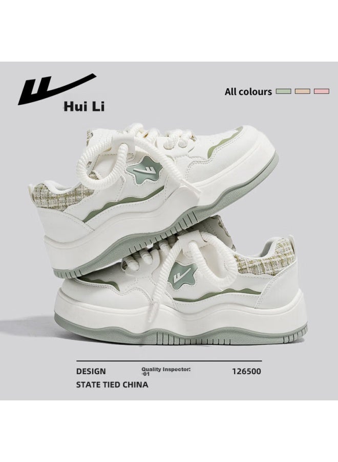Pull Back Huili Women's Shoes, Summer Thick-soled Sneakers, Original Casual White Shoes, Versatile Sports Shoes, Beige/green, Size 37 - Image 2