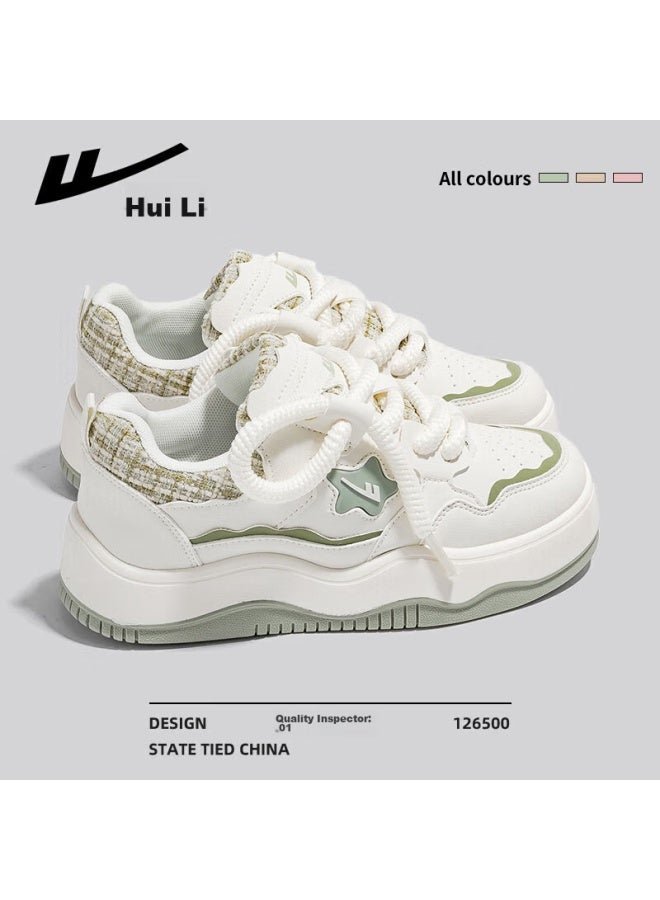 Pull Back Huili Women's Shoes, Summer Thick-soled Sneakers, Original Casual White Shoes, Versatile Sports Shoes, Beige/green, Size 37 - Image 1