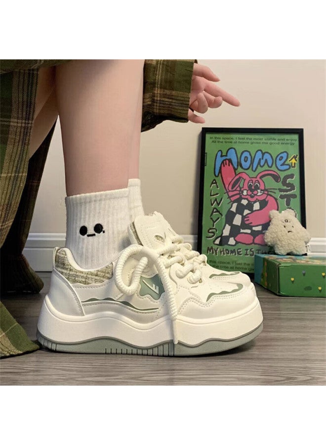 Pull Back Huili Women's Shoes, Summer Thick-soled Sneakers, Original Casual White Shoes, Versatile Sports Shoes, Beige/green, Size 37 - Image 3