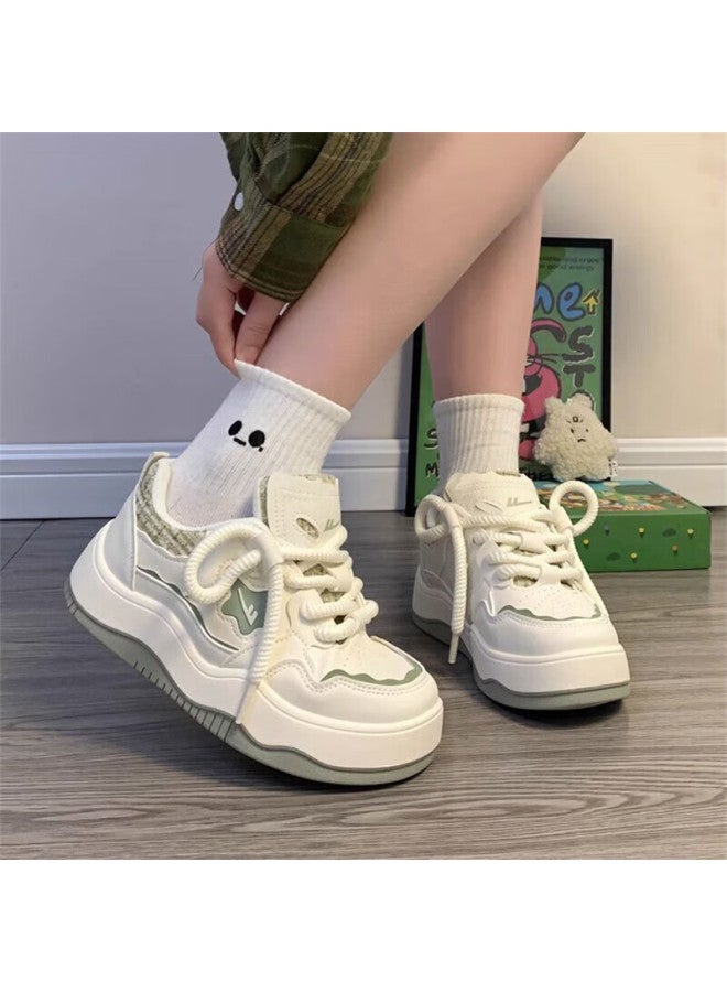Pull Back Huili Women's Shoes, Summer Thick-soled Sneakers, Original Casual White Shoes, Versatile Sports Shoes, Beige/green, Size 37 - Image 4