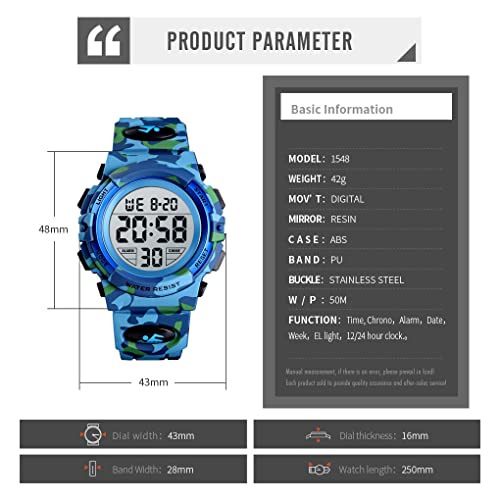 Dayllon Kids Digital Watch Boys Outdoor Sports 50M Waterproof Girls Watches Alarm Clock 12/24 H Stopwatch Calendar for Ages 3-15 Boy Girl Wristwatch Kids Gift,Camo Light Blue X - Image 3
