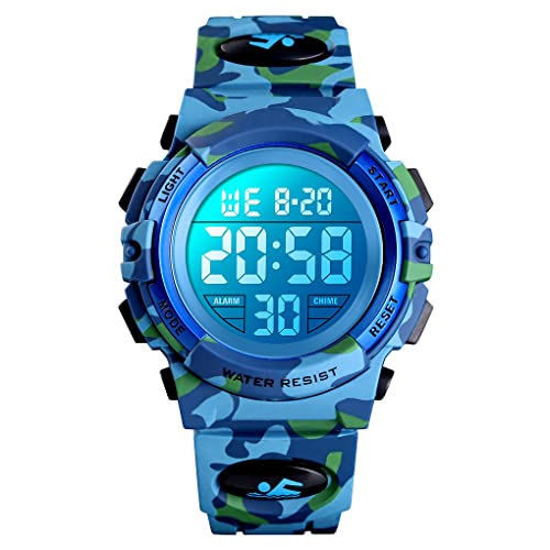 Dayllon Kids Digital Watch Boys Outdoor Sports 50M Waterproof Girls Watches Alarm Clock 12/24 H Stopwatch Calendar for Ages 3-15 Boy Girl Wristwatch Kids Gift,Camo Light Blue X - Image 1