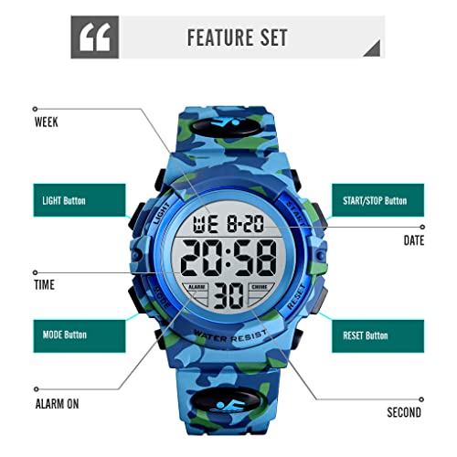 Dayllon Kids Digital Watch Boys Outdoor Sports 50M Waterproof Girls Watches Alarm Clock 12/24 H Stopwatch Calendar for Ages 3-15 Boy Girl Wristwatch Kids Gift,Camo Light Blue X - Image 2