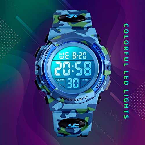 Dayllon Kids Digital Watch Boys Outdoor Sports 50M Waterproof Girls Watches Alarm Clock 12/24 H Stopwatch Calendar for Ages 3-15 Boy Girl Wristwatch Kids Gift,Camo Light Blue X - Image 5