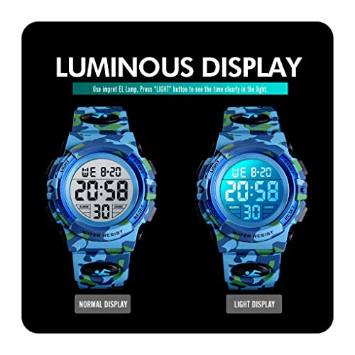 Dayllon Kids Digital Watch Boys Outdoor Sports 50M Waterproof Girls Watches Alarm Clock 12/24 H Stopwatch Calendar for Ages 3-15 Boy Girl Wristwatch Kids Gift,Camo Light Blue X - Image 4