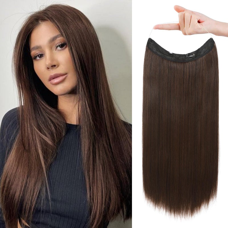 REECHO Invisible Wire Hair Extensions with Transparent Headband Adjustable Size Removable Secure Clips in Straight Secret Hairpiece for Women 14 Inch Pack of 1 Dark Brown with Copper Highlights