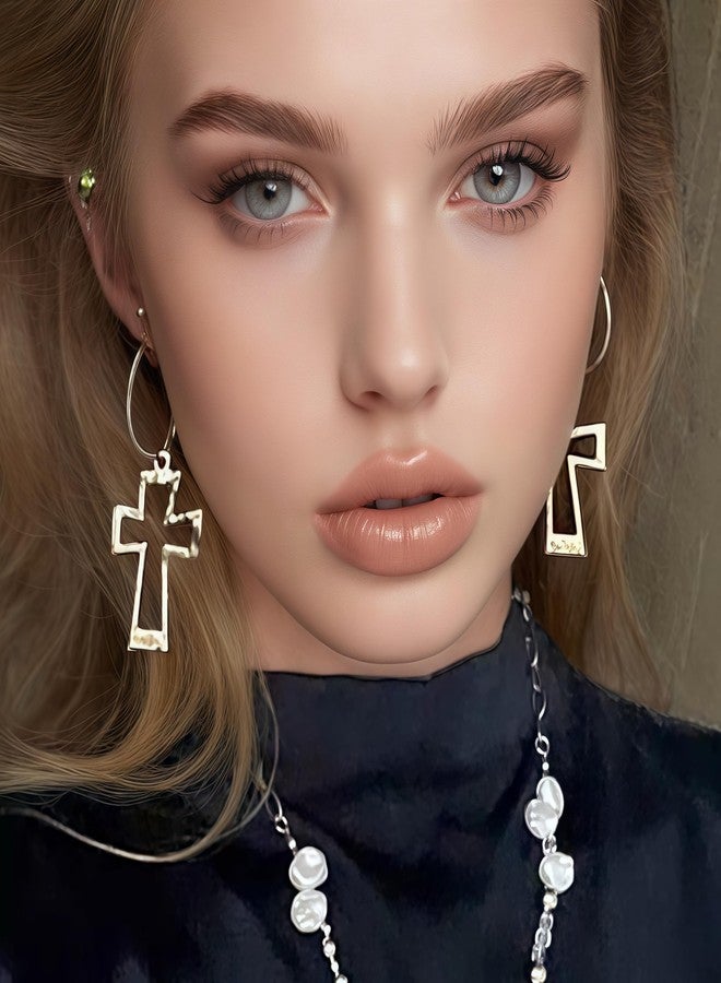eartif Gold Hoop Earrings Chunky Earrings Cross Earrings Lightweight Drop Dangle Huggie Hoop Earrings for Women Vintage Statement Jewelry (Gold) - Image 2