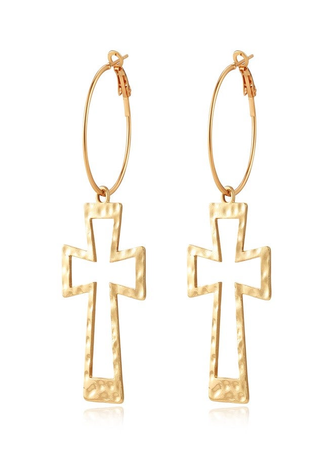 eartif Gold Hoop Earrings Chunky Earrings Cross Earrings Lightweight Drop Dangle Huggie Hoop Earrings for Women Vintage Statement Jewelry (Gold) - Image 1