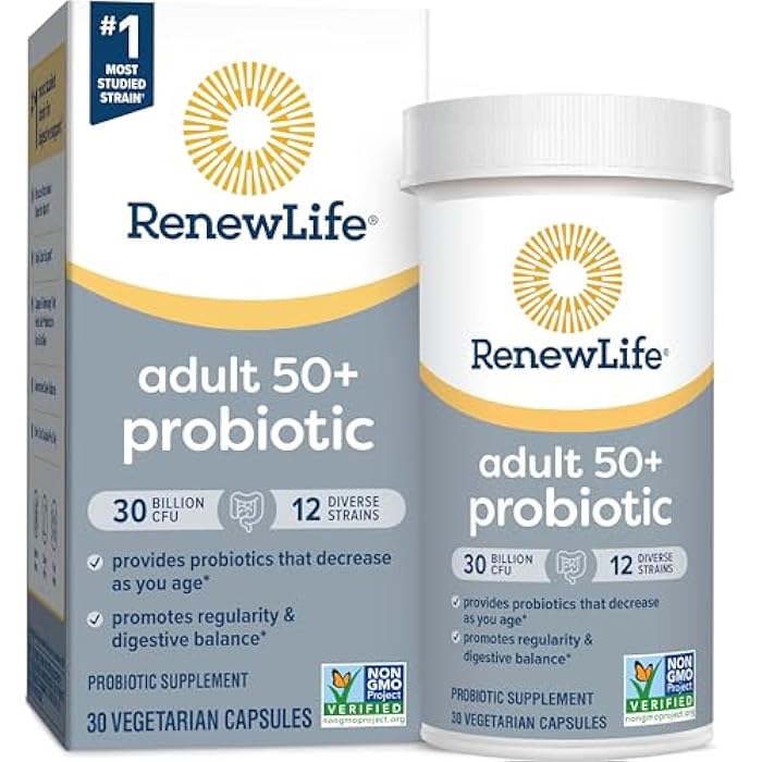 Renew Life Probiotic Adult 50 Plus Probiotic Capsules, Daily Supplement Supports Urinary, Digestive and Immune Health, L. Rhamnosus GG, Dairy, Soy and gluten-free, 30 Billion CFU, 30 Count - Image 1
