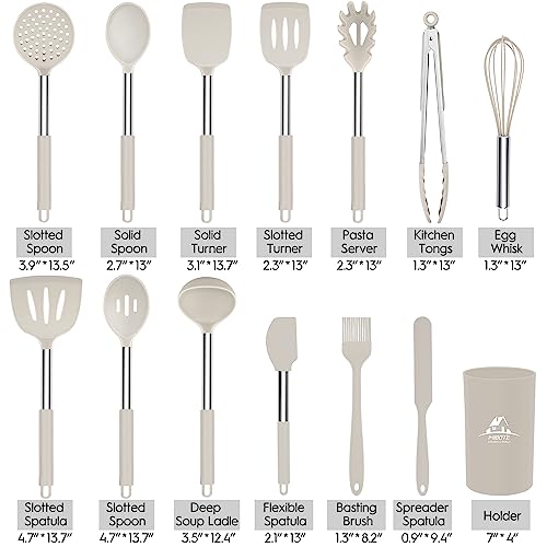 MIBOTE Silicone Kitchen Cooking Utensil Set, Silicone Kitchen Spatula Utensils Set with Stainless Steel Handle,Non-stick Heat Resistant - Best Kitchen Cookware Set-(Khaki) - Image 2