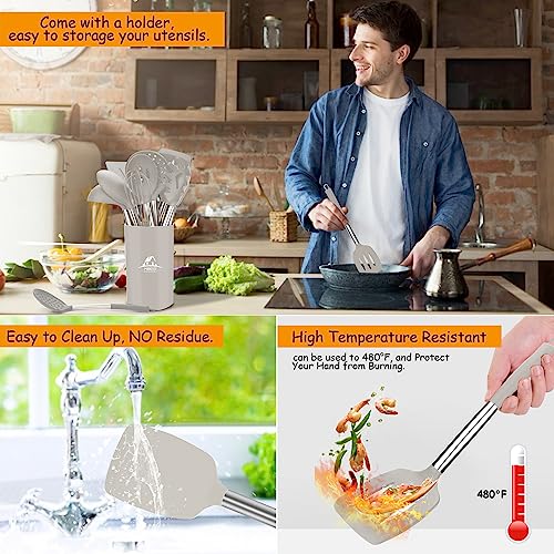 MIBOTE Silicone Kitchen Cooking Utensil Set, Silicone Kitchen Spatula Utensils Set with Stainless Steel Handle,Non-stick Heat Resistant - Best Kitchen Cookware Set-(Khaki) - Image 3