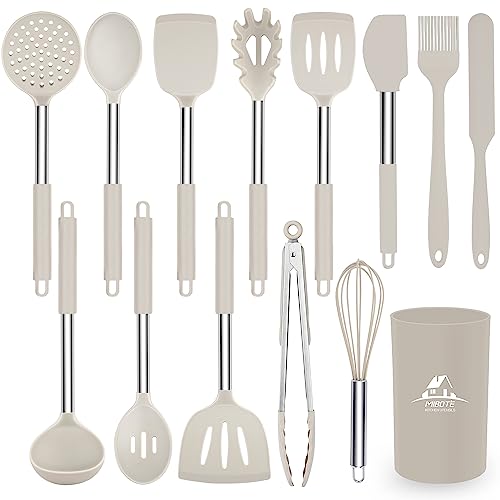 MIBOTE Silicone Kitchen Cooking Utensil Set, Silicone Kitchen Spatula Utensils Set with Stainless Steel Handle,Non-stick Heat Resistant - Best Kitchen Cookware Set-(Khaki) - Image 1