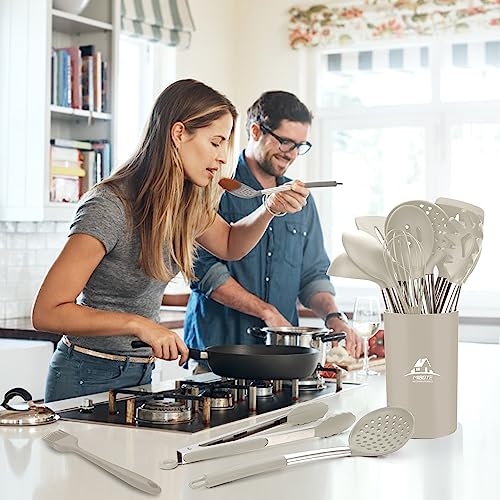 MIBOTE Silicone Kitchen Cooking Utensil Set, Silicone Kitchen Spatula Utensils Set with Stainless Steel Handle,Non-stick Heat Resistant - Best Kitchen Cookware Set-(Khaki) - Image 5